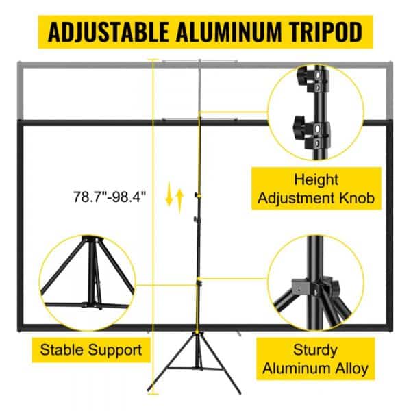 VEVOR tripod projector screen with adjustable aluminum alloy, height adjustment knob.