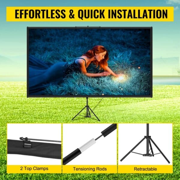 effortless & quick installation of VEVOR tripod projector screen with tensioning rods.