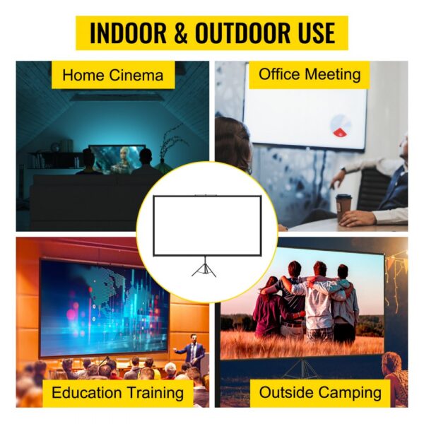 VEVOR tripod projector screen for home cinema, office meetings, education, and camping.