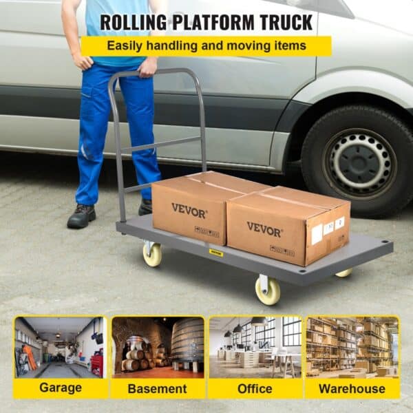 VEVOR platform truck with boxes, useful for garage, basement, office, and warehouse tasks.