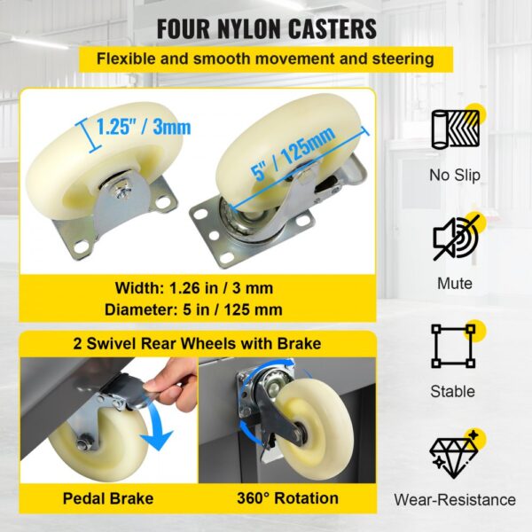 VEVOR platform truck with four nylon casters, 360° rotation, and pedal brake, measures 5in/125mm diameter.