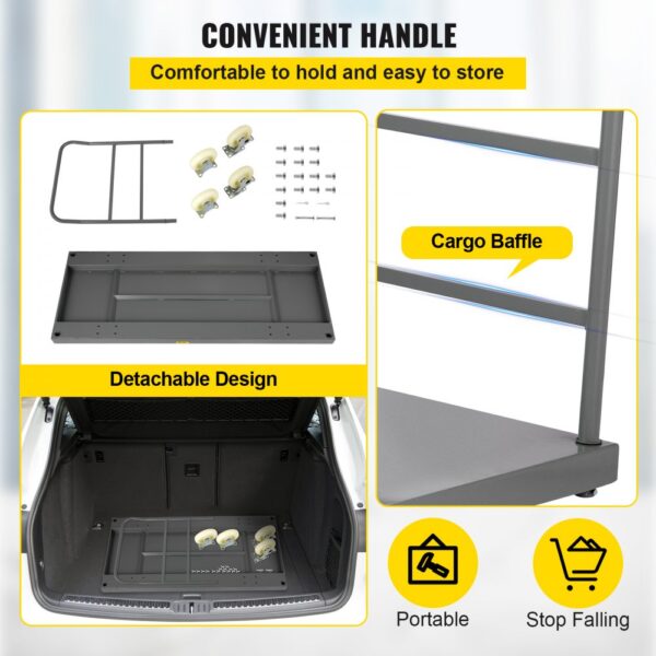 VEVOR platform truck with detachable design, cargo baffle, portable wheels, and convenient handle.