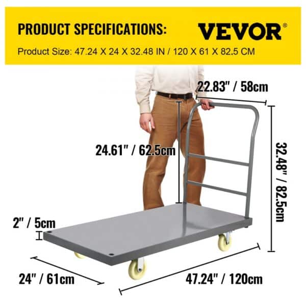 VEVOR platform truck with handle dimensions and product size specifications.