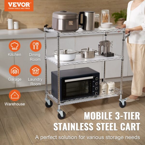 VEVOR 3-tier utility cart in kitchen with appliances; ideal for dining room, garage, and laundry room.