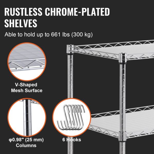 VEVOR 3-tier utility cart with rustless chrome-plated shelves, 6 hooks, v-shaped mesh surface, and sturdy columns.