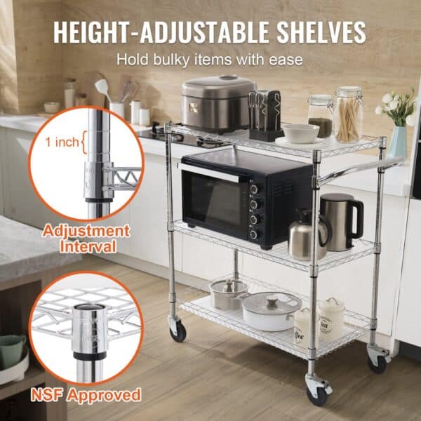 VEVOR 3-tier utility cart with height-adjustable shelves in a kitchen, holding various kitchen appliances.