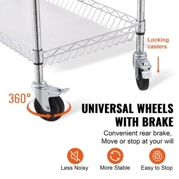 VEVOR 3-tier utility cart with universal locking casters, 360-degree rotation, stable, less noisy.