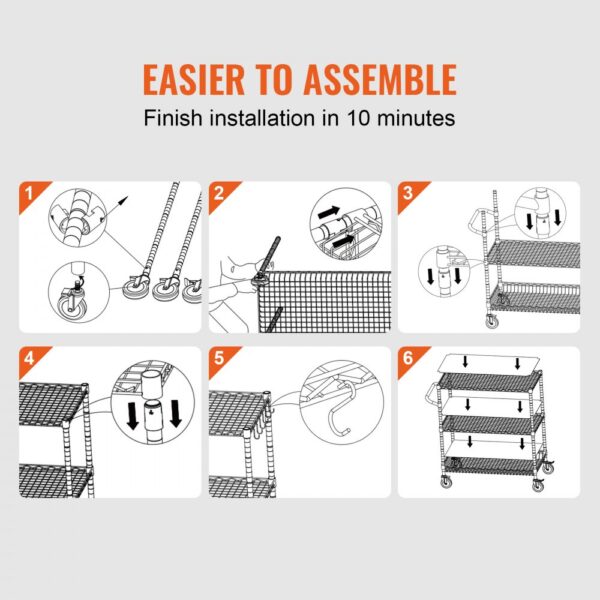 VEVOR 3-tier utility cart assembly guide showing 6-step installation process completed in 10 minutes.