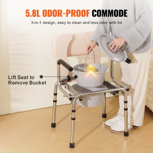 VEVOR commode chair with 5.8l odor-proof bucket, lift seat for easy removal, 3-in-1 design in bedroom.