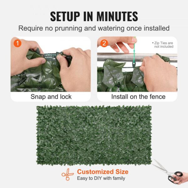 hands installing VEVOR artificial green wall on a fence, showcasing snap and lock mechanism, customized size.