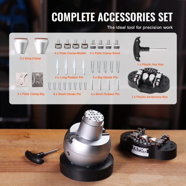 complete accessory set for VEVOR ball vise including various clamps, pins, and a plastic hex key.