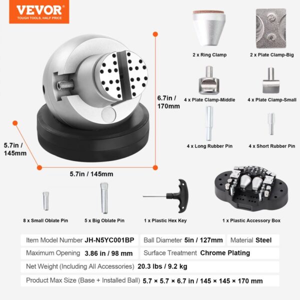 VEVOR ball vise with detailed specifications and included accessories such as clamps, pins, and hex key.