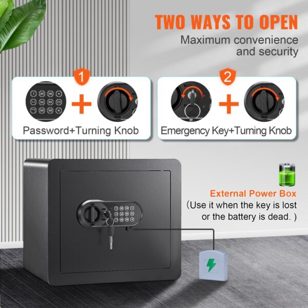 VEVOR home safe with two ways to open: password and turning knob, or emergency key and turning knob.