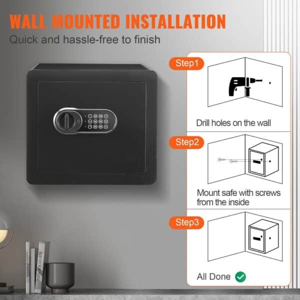 wall-mounted VEVOR home safe with digital keypad and step-by-step installation guide.