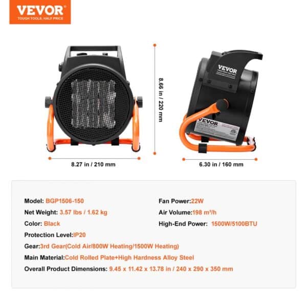 VEVOR Greenhouse Heater 2000W PTC Fast Heating Overheat Protection 3-Speed