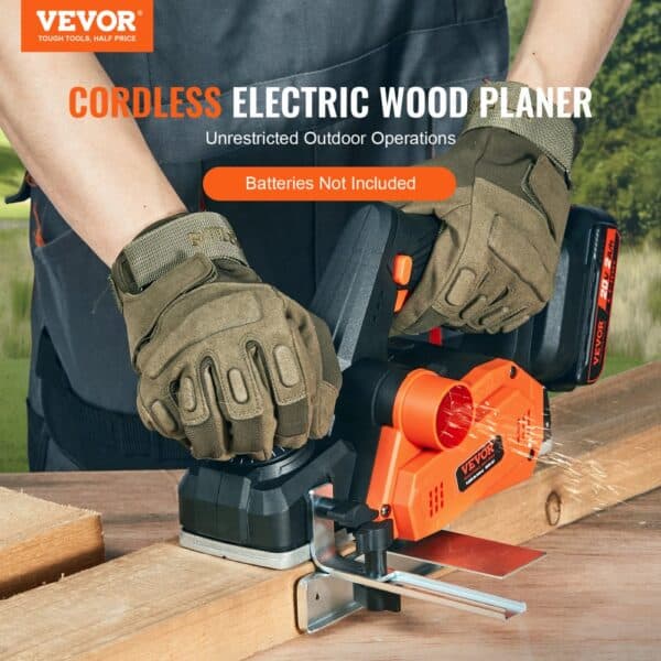 person using VEVOR cordless electric hand planer on wooden plank outdoors, wearing gloves. batteries not included.