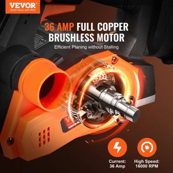 VEVOR cordless electric hand planer with 36 amp copper brushless motor, 16000 rpm speed icon.