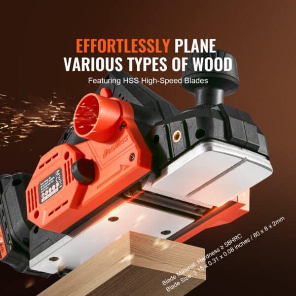 VEVOR cordless electric hand planer effortlessly planes wood with hss high-speed blades.