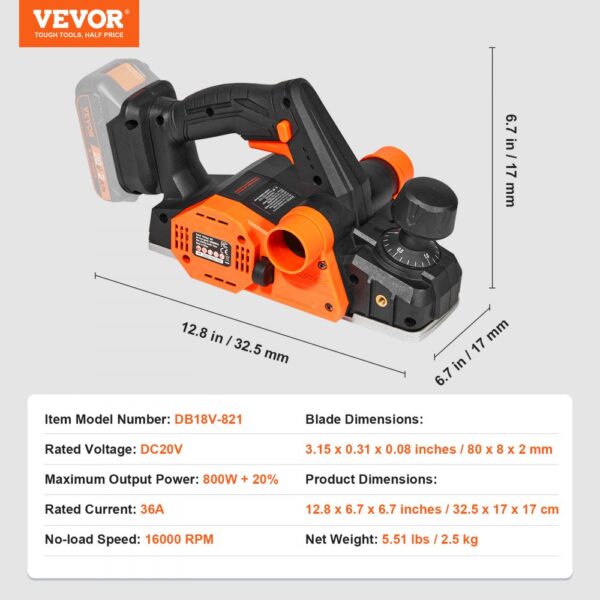 VEVOR cordless electric hand planer with 800w output, dc20v rated voltage, and 16000 rpm no-load speed.