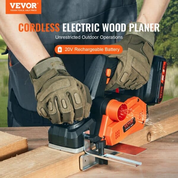 VEVOR Cordless Electric Hand Planer, 3-1/4" Width, 16000 RPM Handheld Wood Planer with Battery 5/64" Adjustable Depth HSS Blades Dual Side Dust Outlet, for Woodworking Wood Planing Surface Smoothing