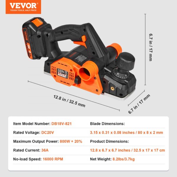 VEVOR Cordless Electric Hand Planer, 3-1/4" Width, 16000 RPM Handheld Wood Planer with Battery 5/64" Adjustable Depth HSS Blades Dual Side Dust Outlet, for Woodworking Wood Planing Surface Smoothing