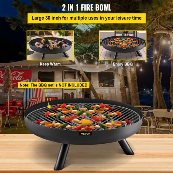 VEVOR fire pit bowl, 2-in-1, for warmth or bbq, 30-inch size, bbq net not included.