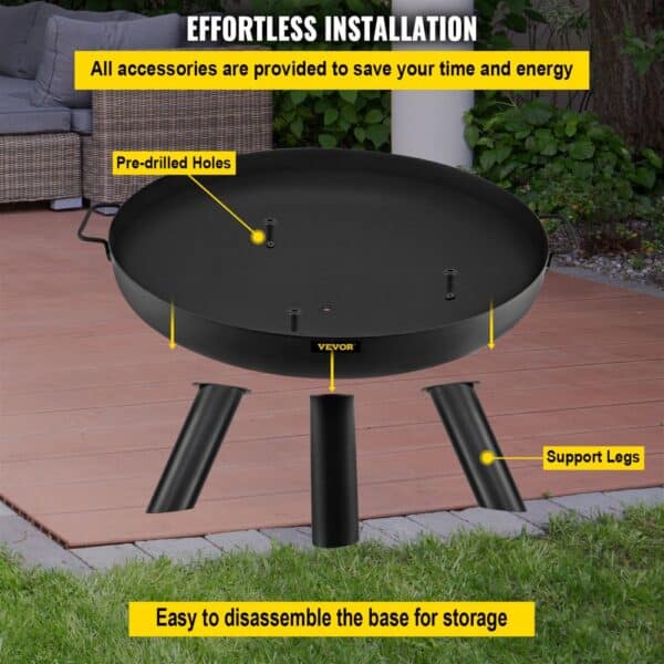 VEVOR fire pit bowl with pre-drilled holes and support legs for easy installation.