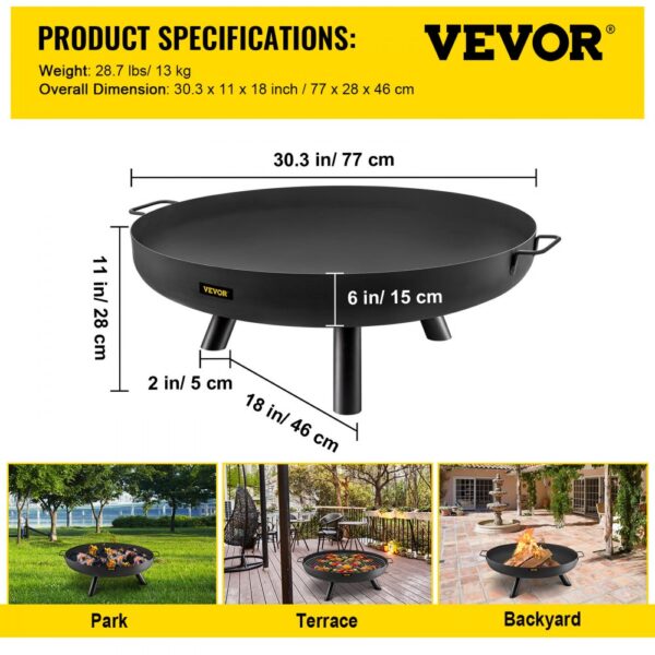 VEVOR fire pit bowl dimensions and various outdoor settings.