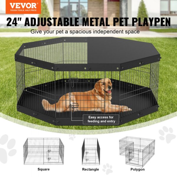 VEVOR dog playpen, adjustable metal pet playpen with a dog inside. three shape options displayed below.