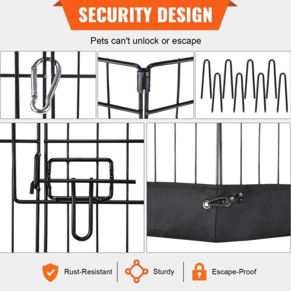 VEVOR dog playpen features sturdy, rust-resistant panels, escape-proof locks, and secure assembly.