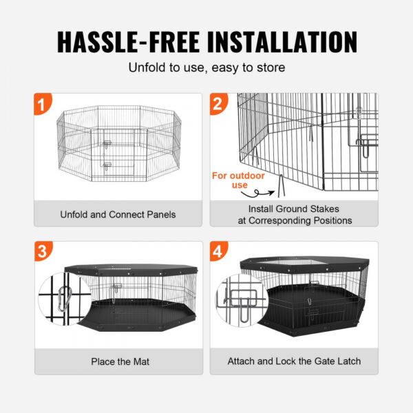 hassle-free installation steps for VEVOR dog playpen with panels, ground stakes, mat, and gate latch.