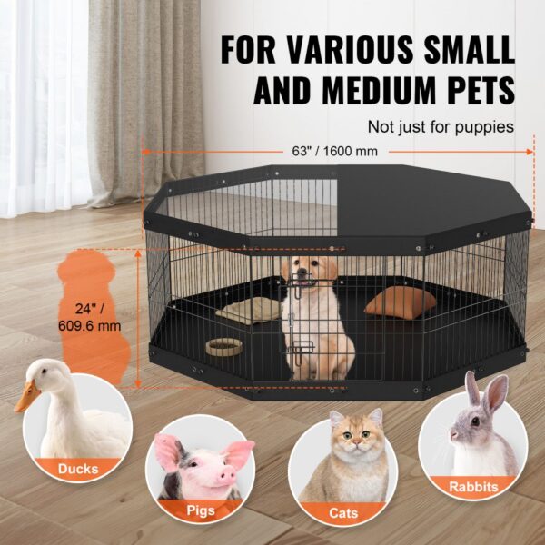 black VEVOR dog playpen for small and medium pets, including dogs, ducks, pigs, cats, and rabbits.