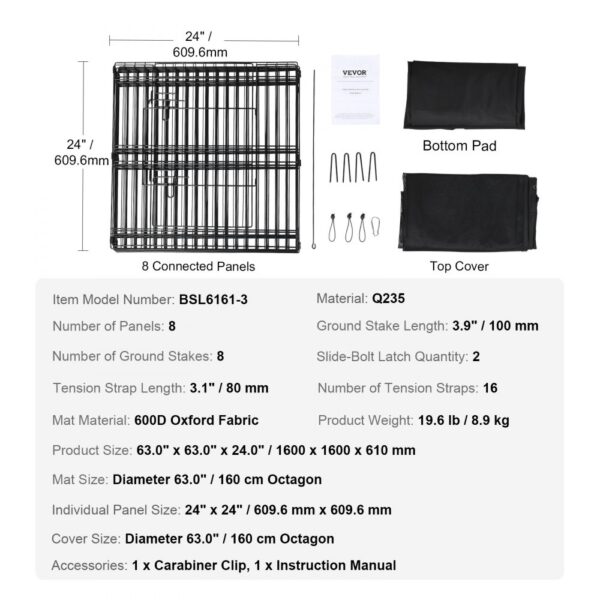 VEVOR dog playpen with 8 connected panels, bottom pad, top cover, ground stakes, and instruction manual.