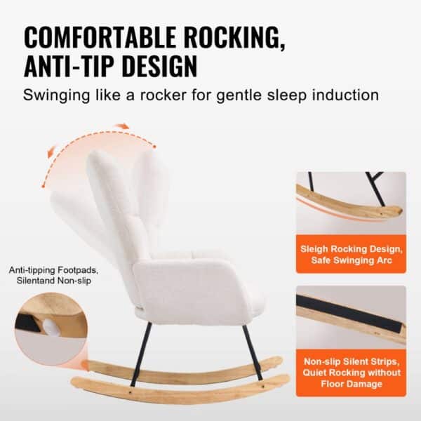 VEVOR rocking chair nursery with anti-tip design, sleigh rocking feature, and non-slip silent strips.