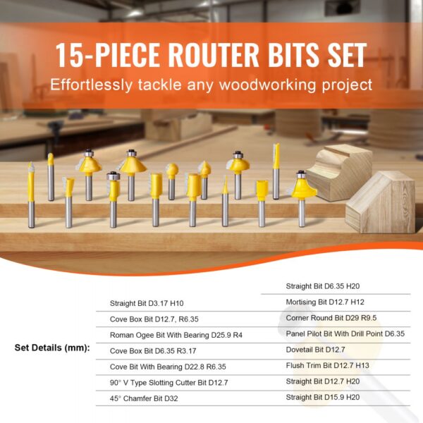 VEVOR Router Bits Set 15 Pieces Carbide Router Bit 1/4 Inch Shank Carrying Case