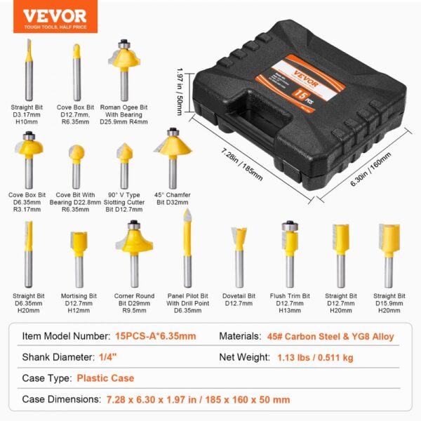 VEVOR Router Bits Set 15 Pieces Carbide Router Bit 1/4 Inch Shank Carrying Case