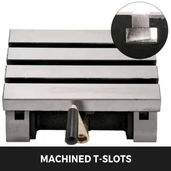 VEVOR tilting milling machine with machined t-slots and a close-up of slot detail.