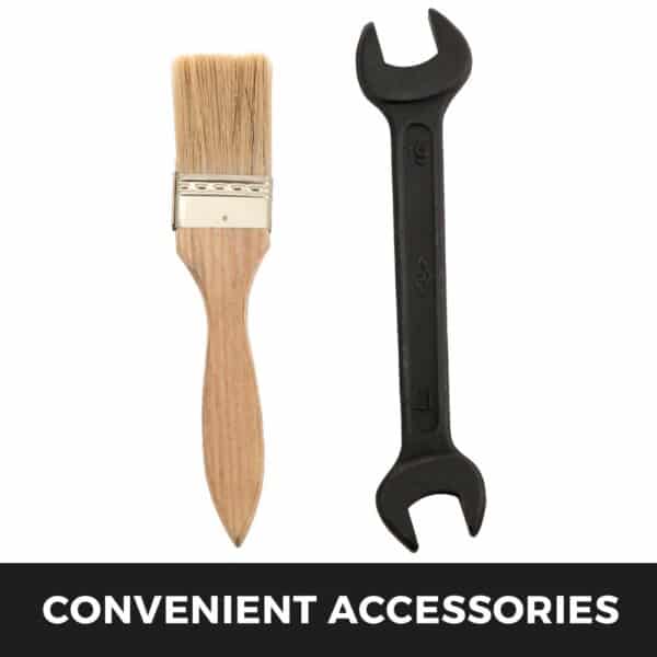 paintbrush and wrench included as convenient accessories.