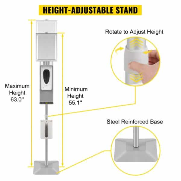 VEVOR Automatic Hand Dispenser with Stand, Infrared Sensing Sanitizing Station with Signboard & Tissue Box, 1000 mL Hand Sanitizer Dispenser, 55''-63'' H Hand Sanitizer Stand for Home & Public Areas