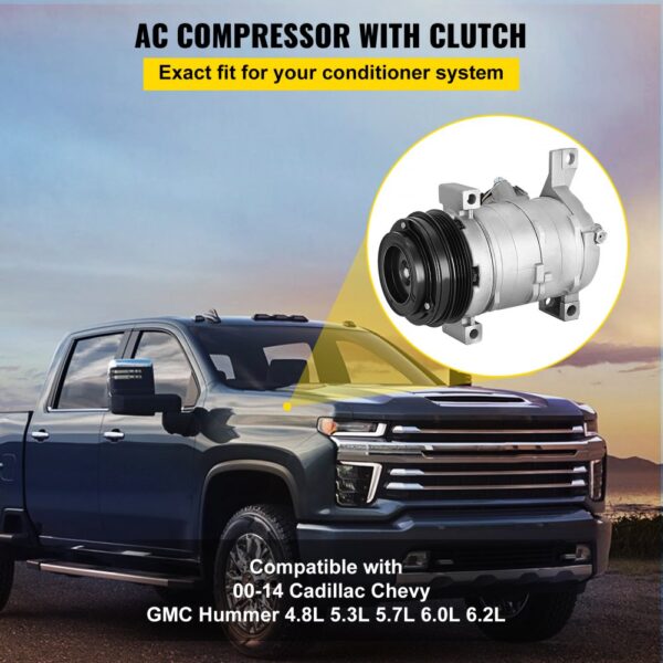 VEVOR ac compressor for chevy truck with zoomed-in compressor image in the background.