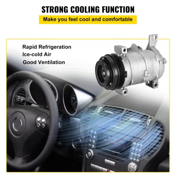 VEVOR ac compressor for chevy showcasing strong cooling inside a car dashboard.