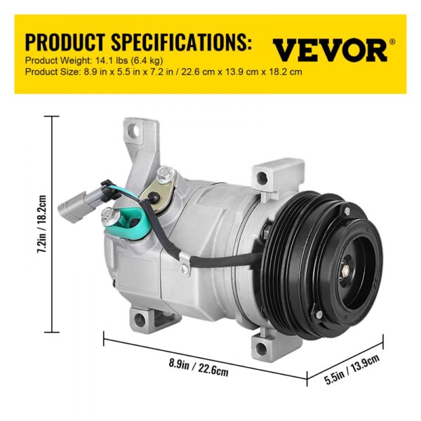 VEVOR ac compressor for chevy with measurements and product specifications.