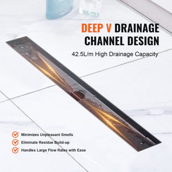 VEVOR linear shower drain with deep v drainage channel design, placed on a tiled floor, 42.5l/m capacity.