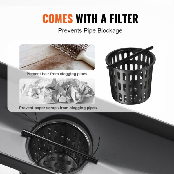 VEVOR linear shower drain with filter prevents pipe blockage from hair and paper scraps.