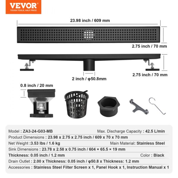 VEVOR linear shower drain with stainless steel filter screen, panel hook, and accessories, detailed dimensions.