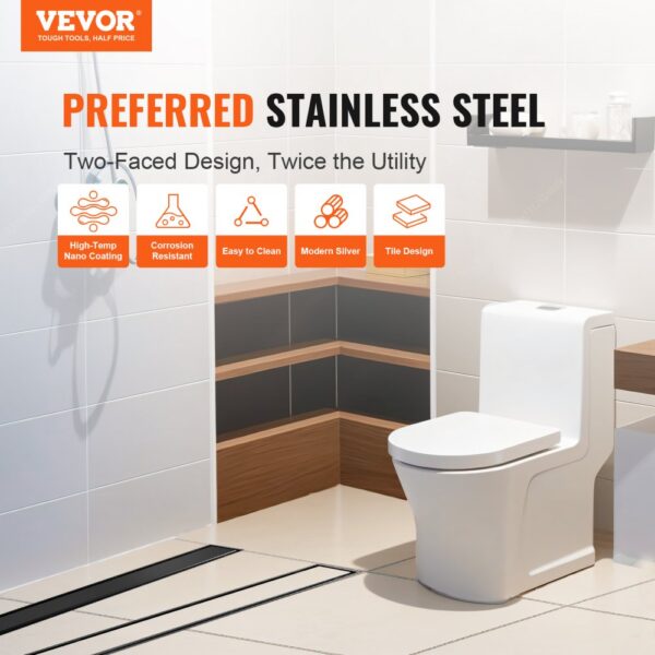 VEVOR linear shower drain features high-temp nano coating, corrosion resistance, easy cleaning, and tile design.