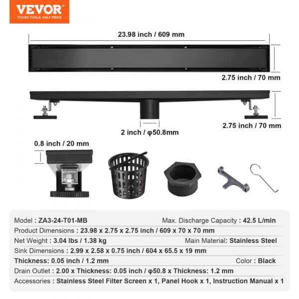 VEVOR linear shower drain, 23.98 x 2.75 x 2.75 inches with accessories like filter screen and hook.