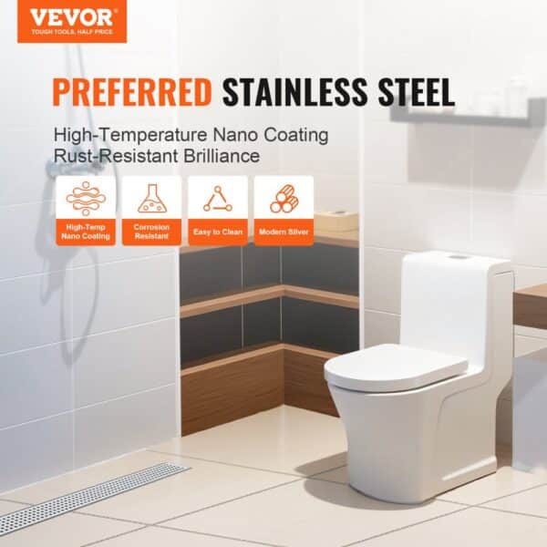 VEVOR linear shower drain in a modern bathroom with stainless steel, high-temp nano coating, and rust-resistance.