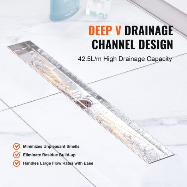 VEVOR linear shower drain, deep v design, handles large flow rates, minimizes smells, eliminates residue.