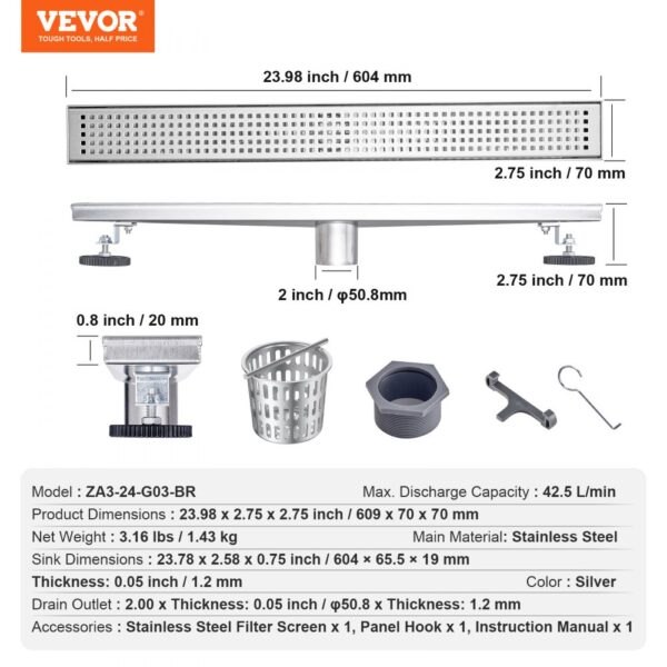 VEVOR linear shower drain, stainless steel, 23.98 inches, includes filter screen, panel hook, and instructions.